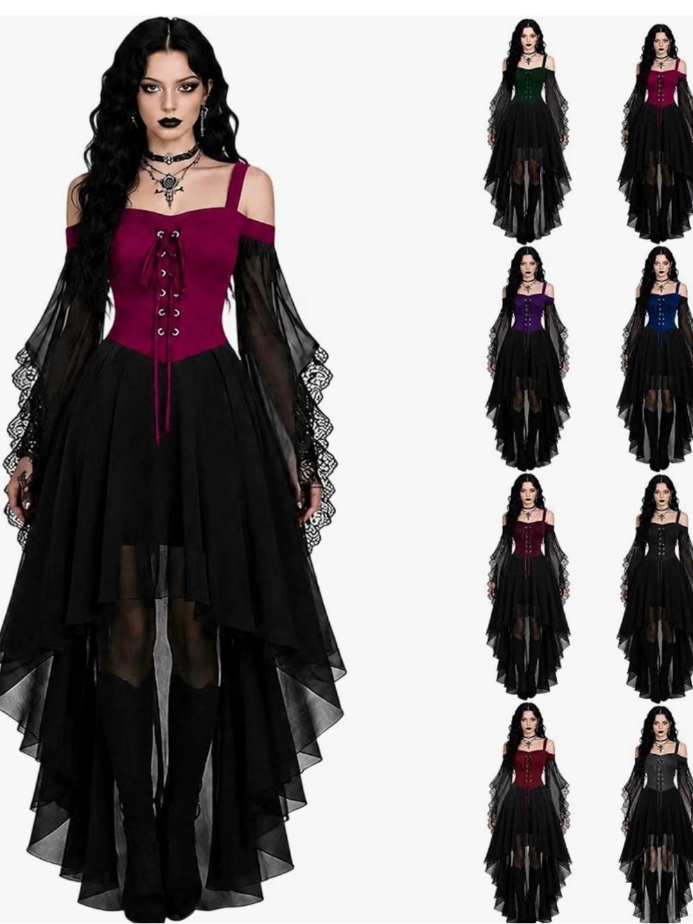 Size L Gothic Off-Shoulder High-Low Dress with Lace Sleeves - Black & Wine